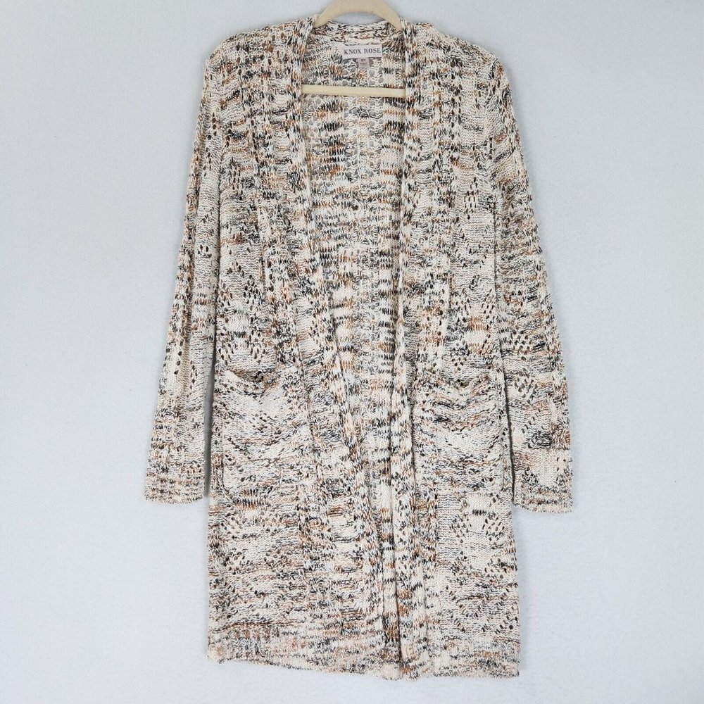 Knox Rose Sweater Women Extra Small White Black Open Knit Duster Cardigan Casual